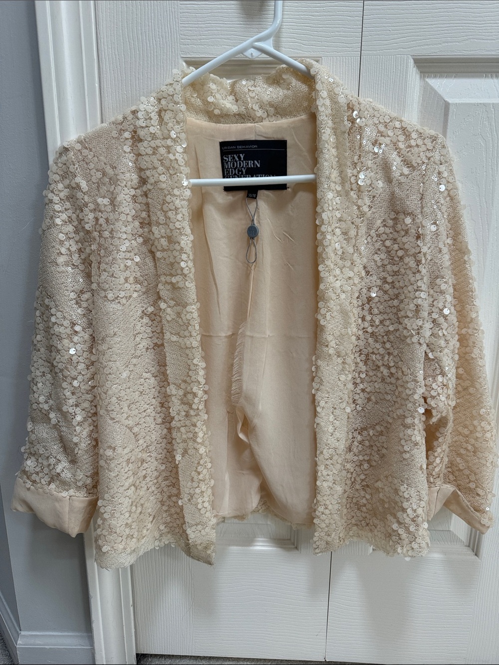 Urban Behavior Cream Sequin Open-Front Cardigan